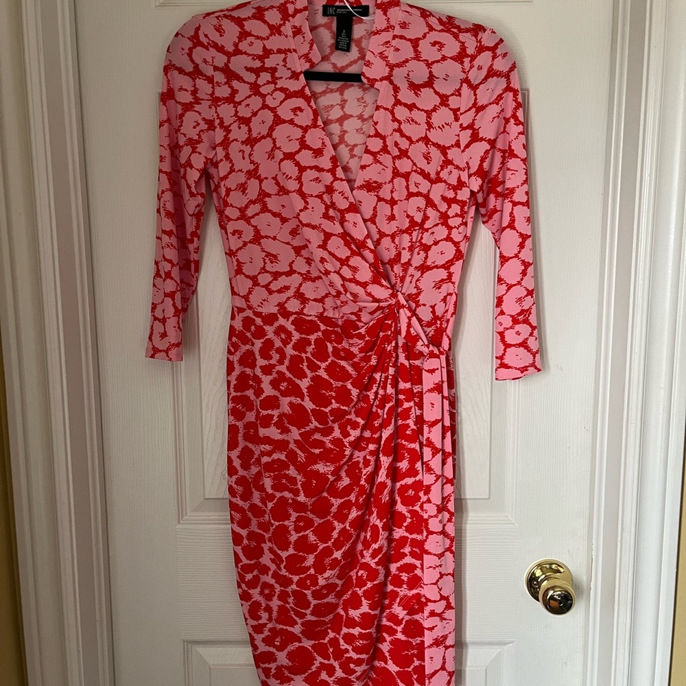 INC International Concepts Red and White Sheath Dress with V-Neck